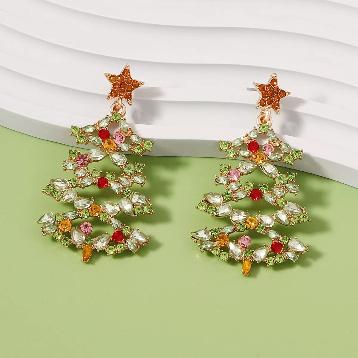 Christmas Tree Earrings with Rhinestones OutfitFlow