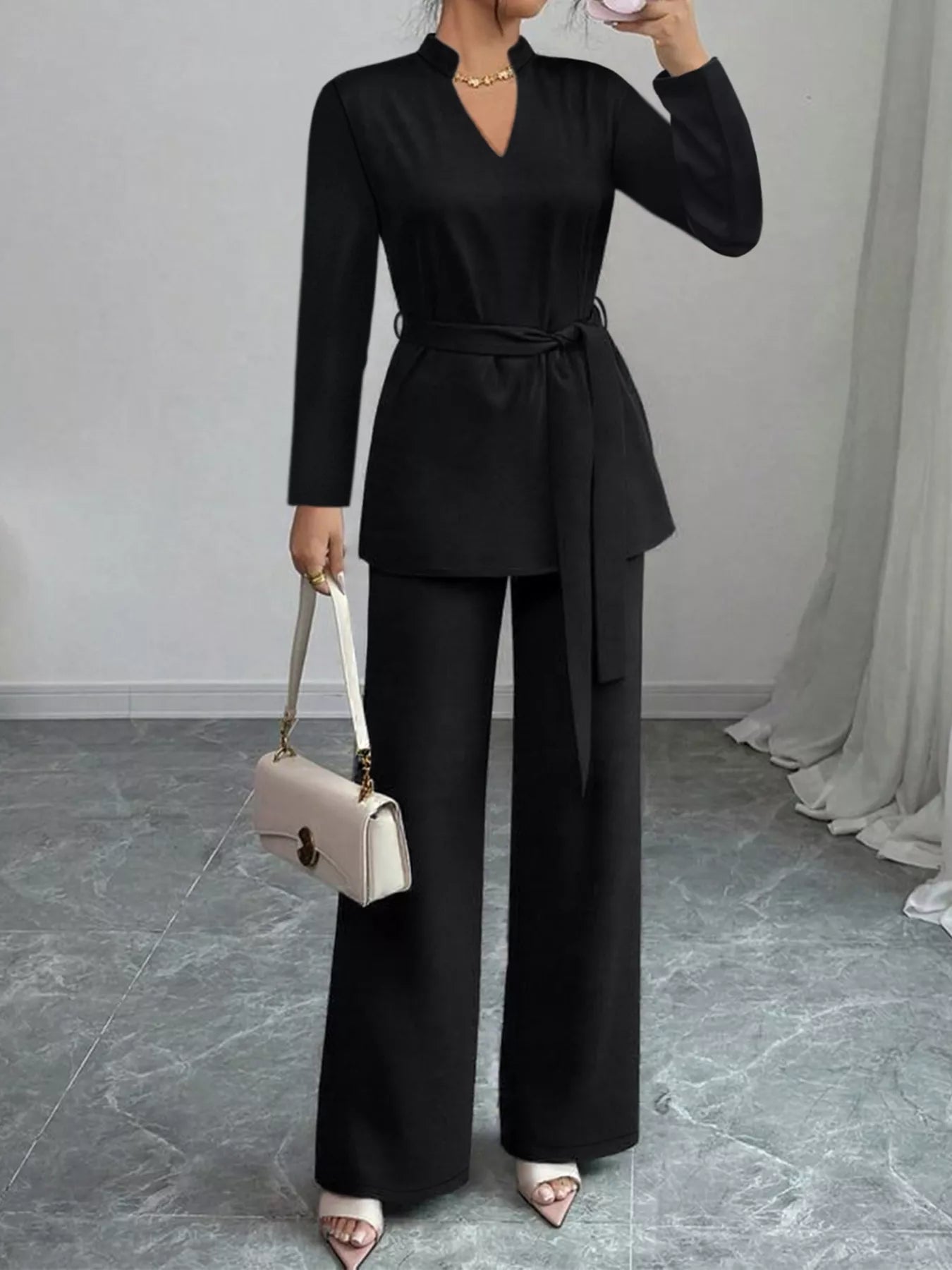 Tie-Waist Long Sleeve Top and Pants Set OutfitFlow