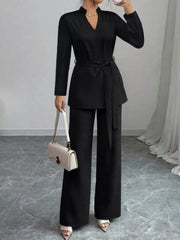 Tie-Waist Long Sleeve Top and Pants Set OutfitFlow