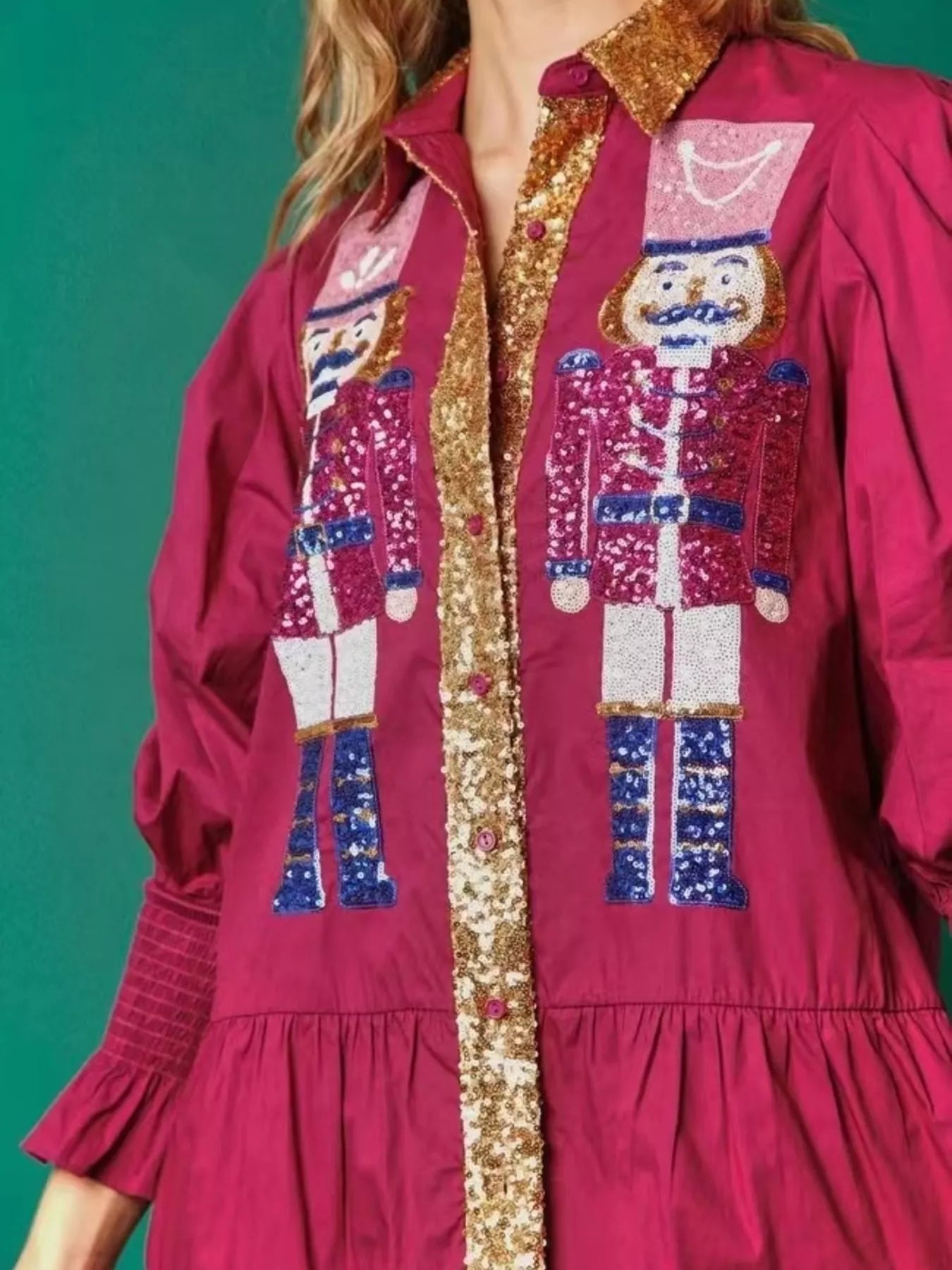 Full Size Christmas Sequin Nutcracker Tiered Shirt Dress Plus Size Plum Purple OutfitFlow