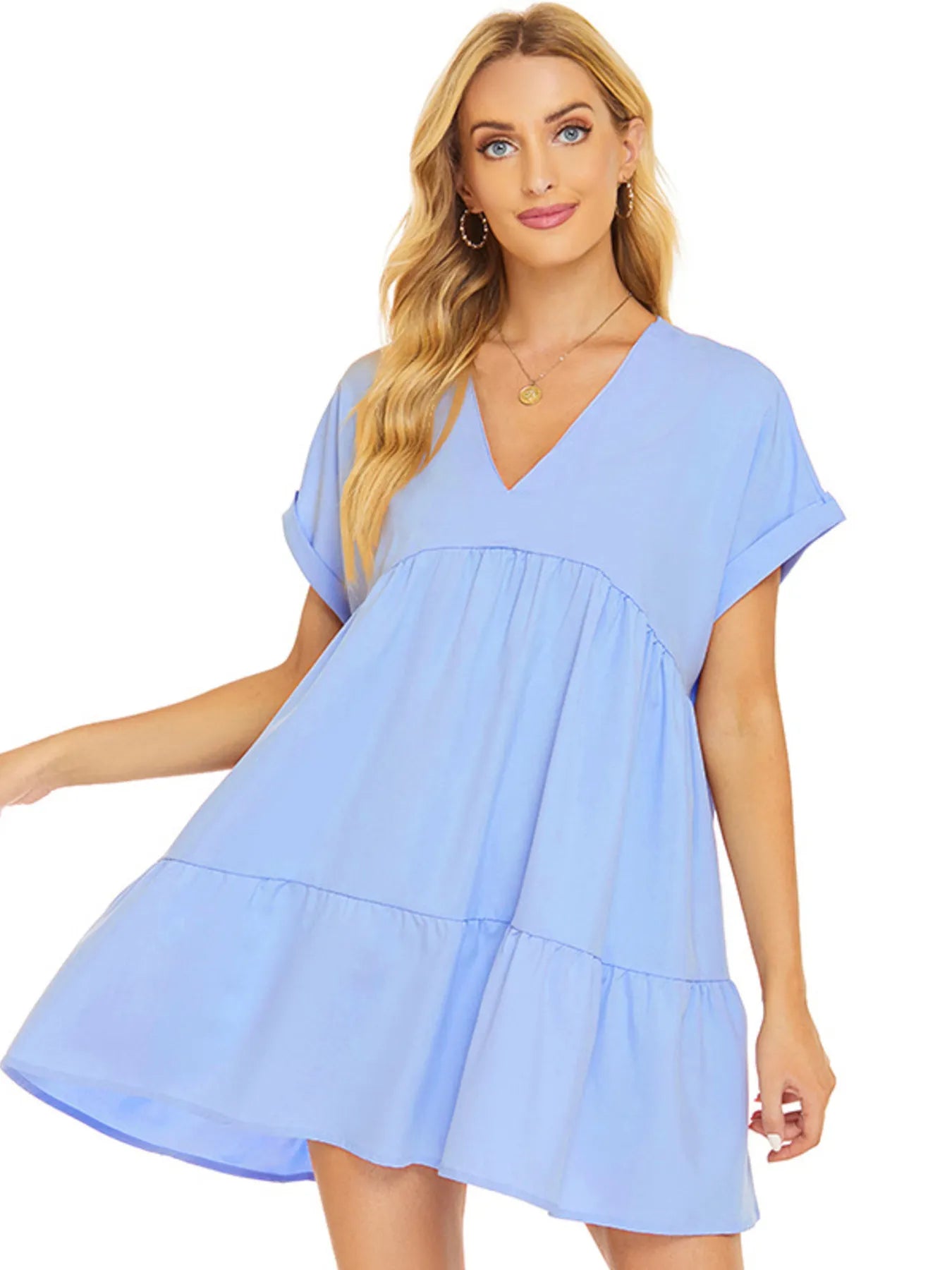 V-Neck Babydoll Tiered Mini Dress Blue OutfitFlow