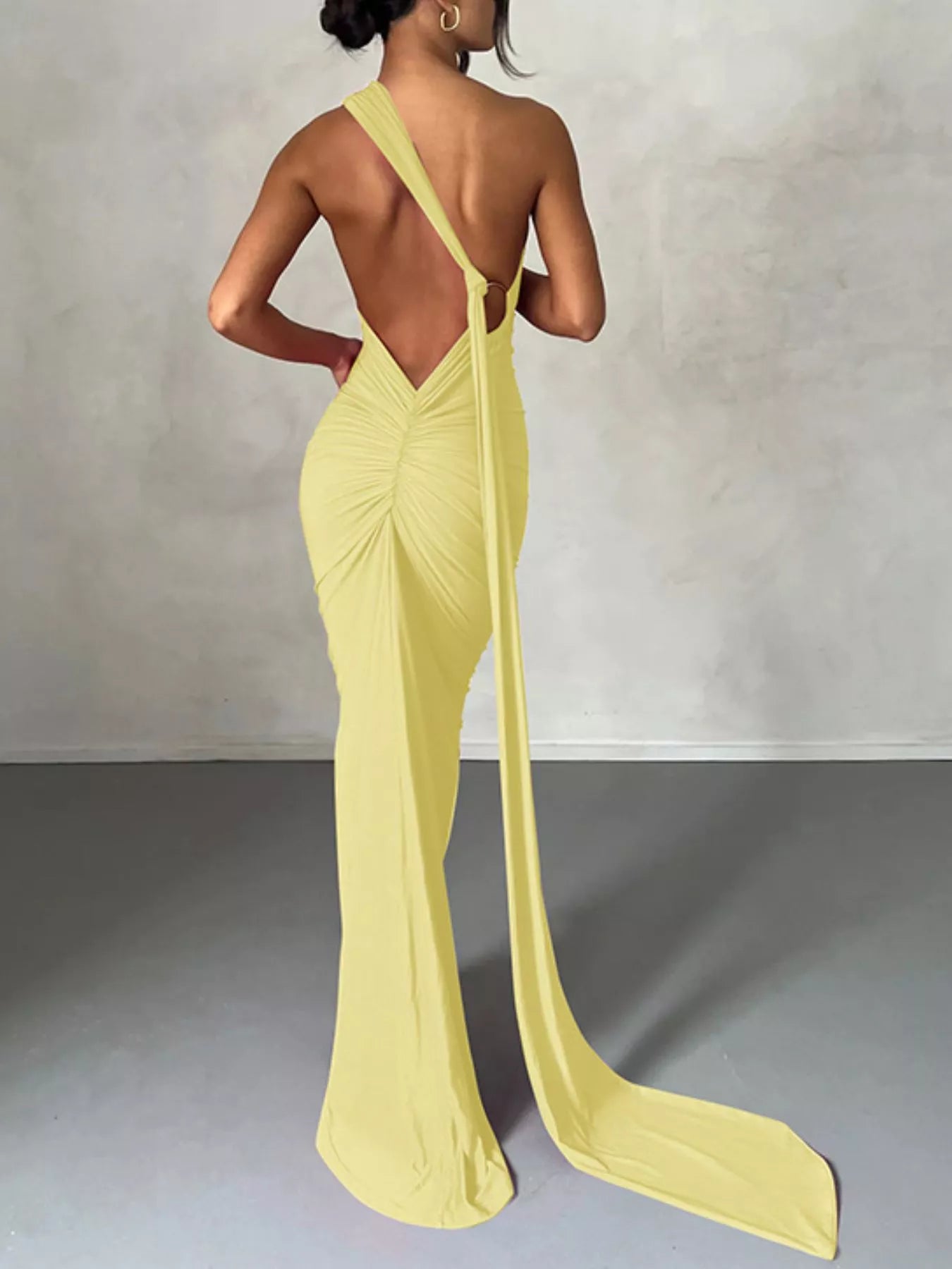 Backless One-Shoulder Ruched Bodycon Maxi Dress OutfitFlow