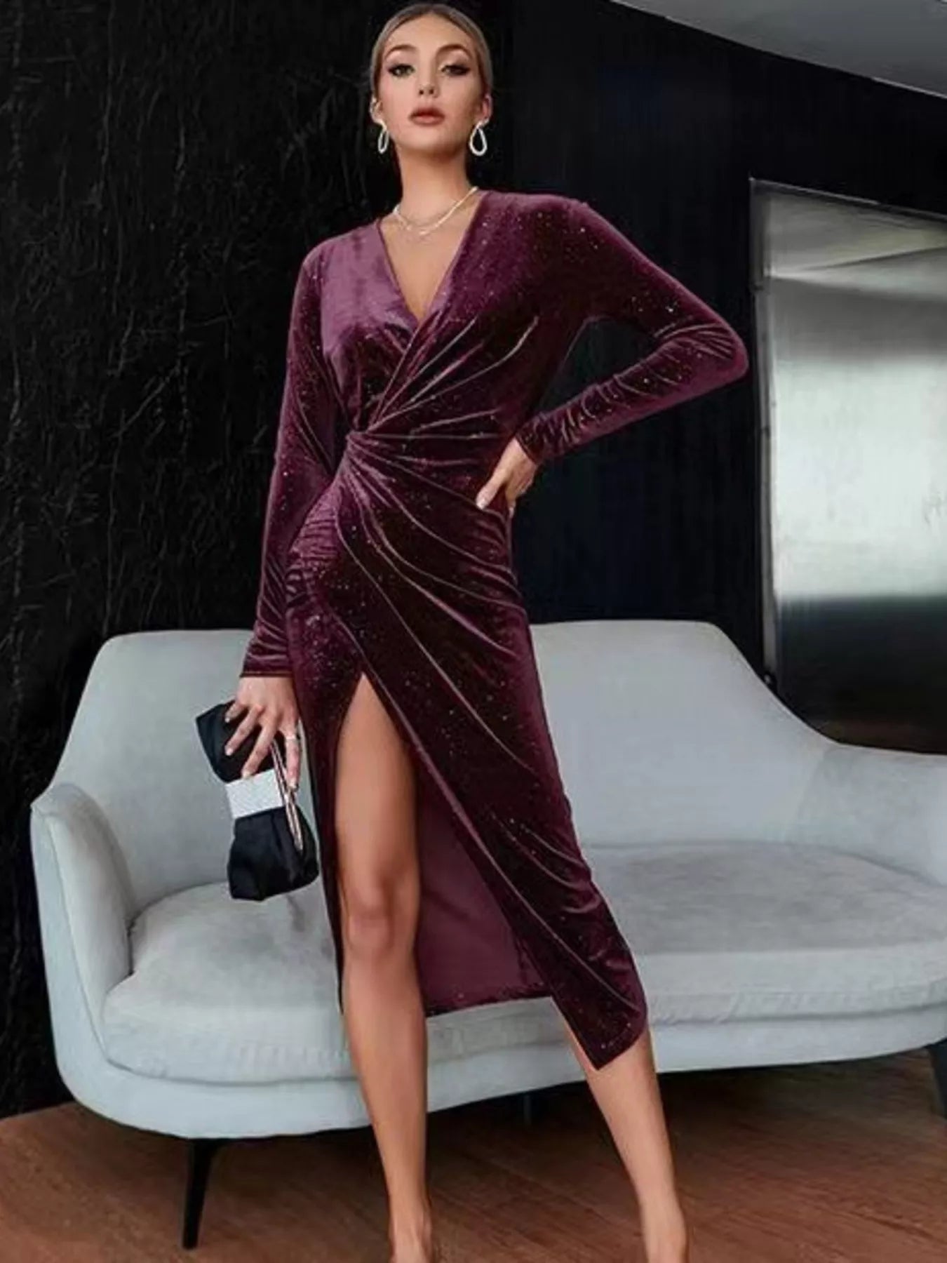 Velvet Ruched Slit Midi Dress Plum Purple Trendsi