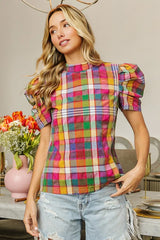 BiBi Short Puff Sleeve Washed Vintage Plaid Top OutfitFlow