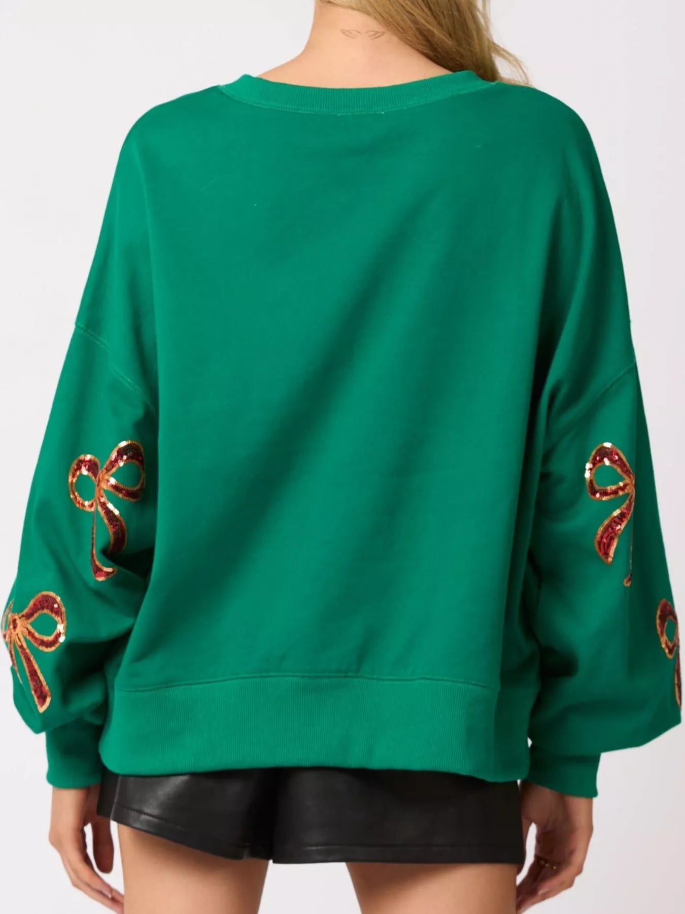 Christmas Sequin Bow Round Neck Sweatshirt OutfitFlow