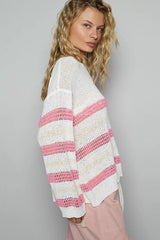 POL Striped Openwork Round Neck Knit Top Trendsi