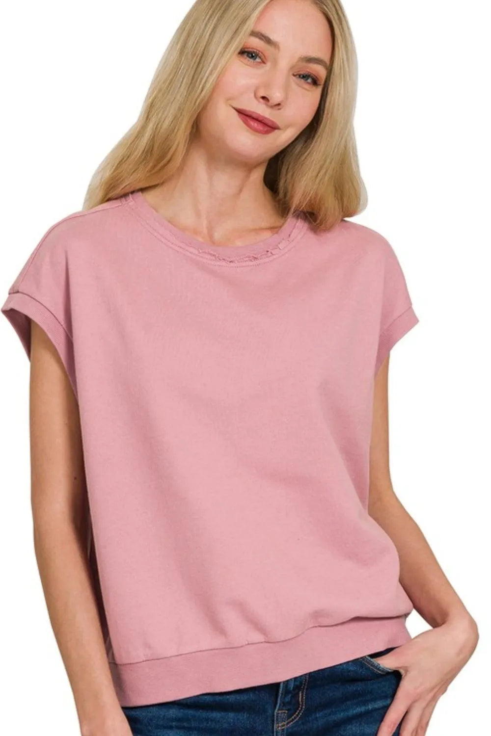 Zenana French Terry Round Neck Cap Sleeve T-Shirt LT ROSE OutfitFlow
