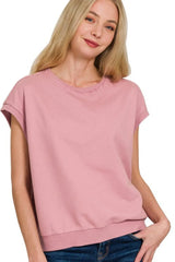 Zenana French Terry Round Neck Cap Sleeve T-Shirt LT ROSE OutfitFlow