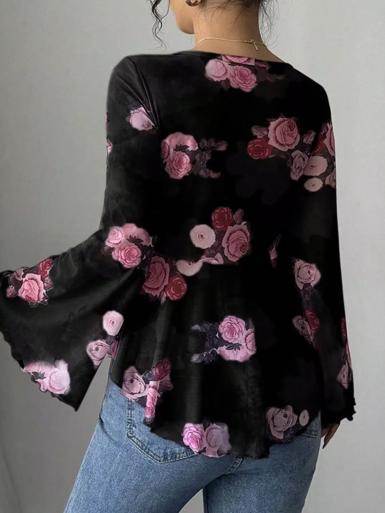 Floral Print Tie Front Flare Sleeve Blouse OutfitFlow