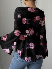 Floral Print Tie Front Flare Sleeve Blouse OutfitFlow