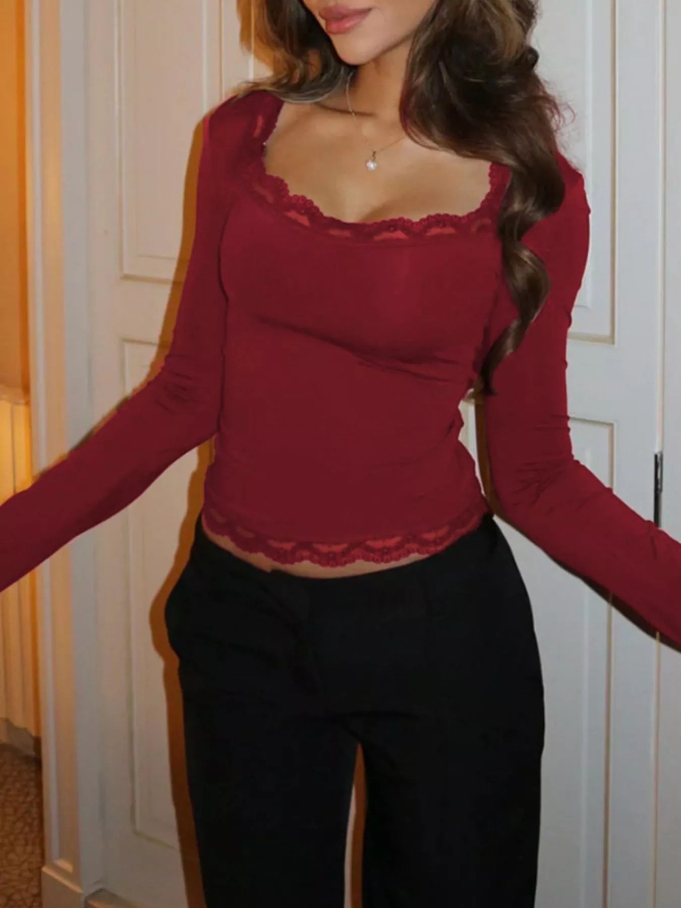 Lace Trim Long Sleeve T-Shirt Burgundy Trendsi