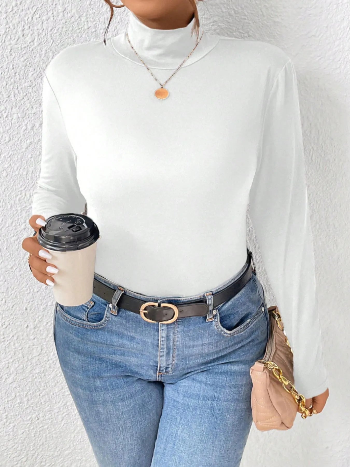 Plus Size Long Sleeve Fitted Turtleneck T-Shirt White OutfitFlow