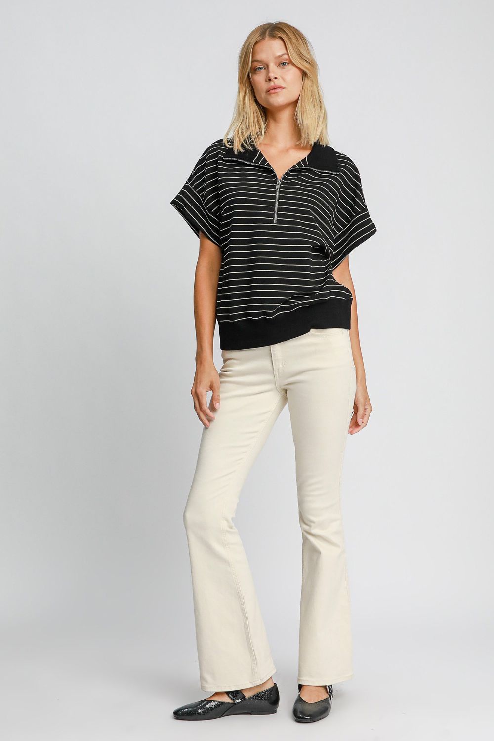 Outfit Flow - Umgee Striped Half Zip Short Sleeve Sweatshirt