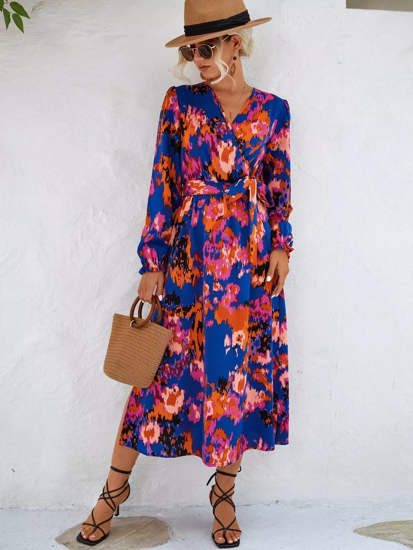 Printed Surplice Long Sleeve Midi Dress OutfitFlow