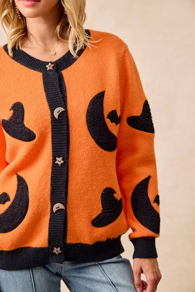 BiBi Halloween Witch Hat Moon Bat Artwork Cardigan Trendsi
