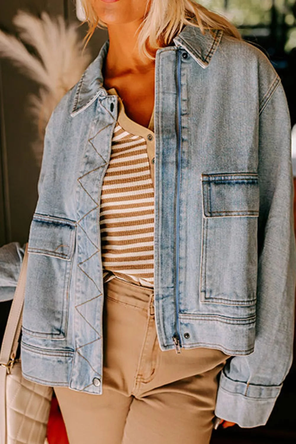 Zip Up Drop Shoulder Denim Jacket OutfitFlow