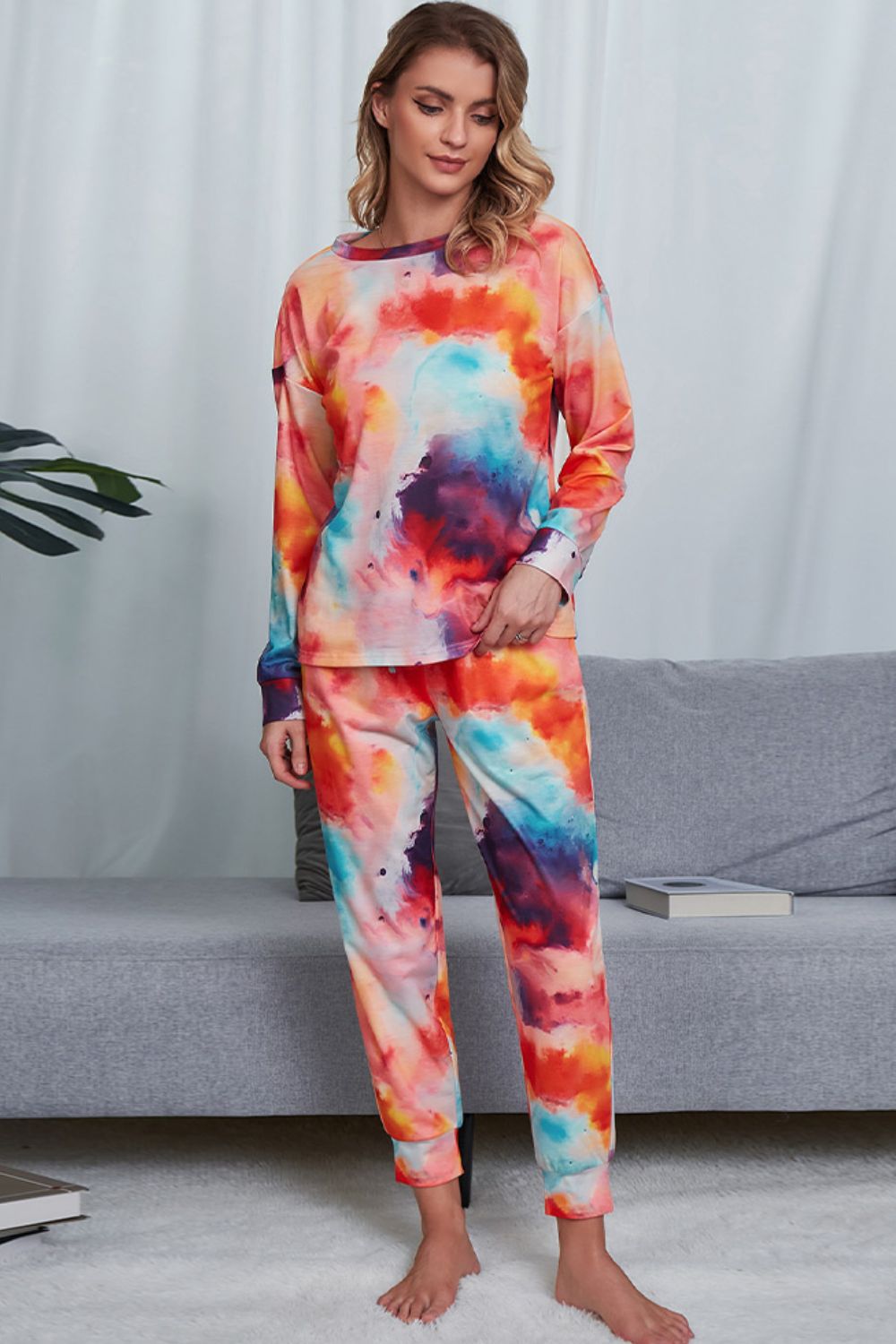 Outfit Flow - Shiny Tie-Dye Crewneck Top and Drawstring Waist Joggers Lounge Set