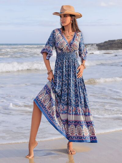 Ruched Printed Flounce Sleeve Midi Dress OutfitFlow