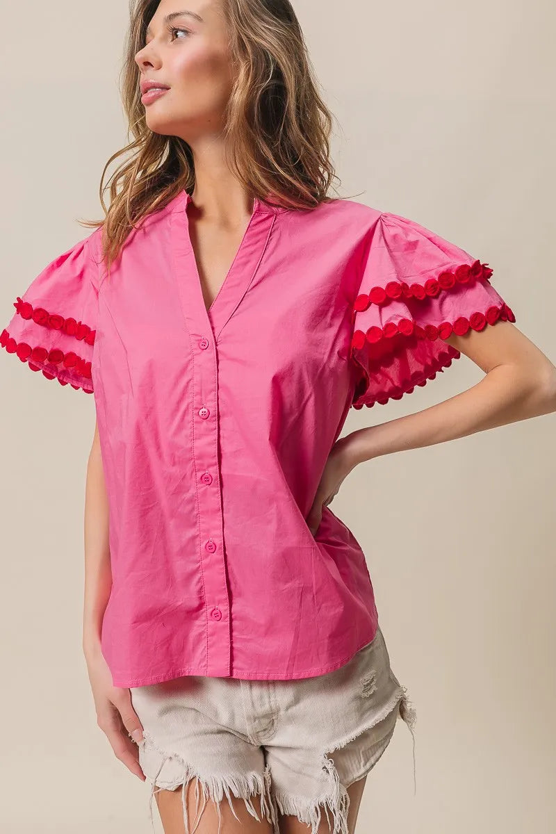 BiBi Dot Trim Flutter Sleeve Notched Top OutfitFlow