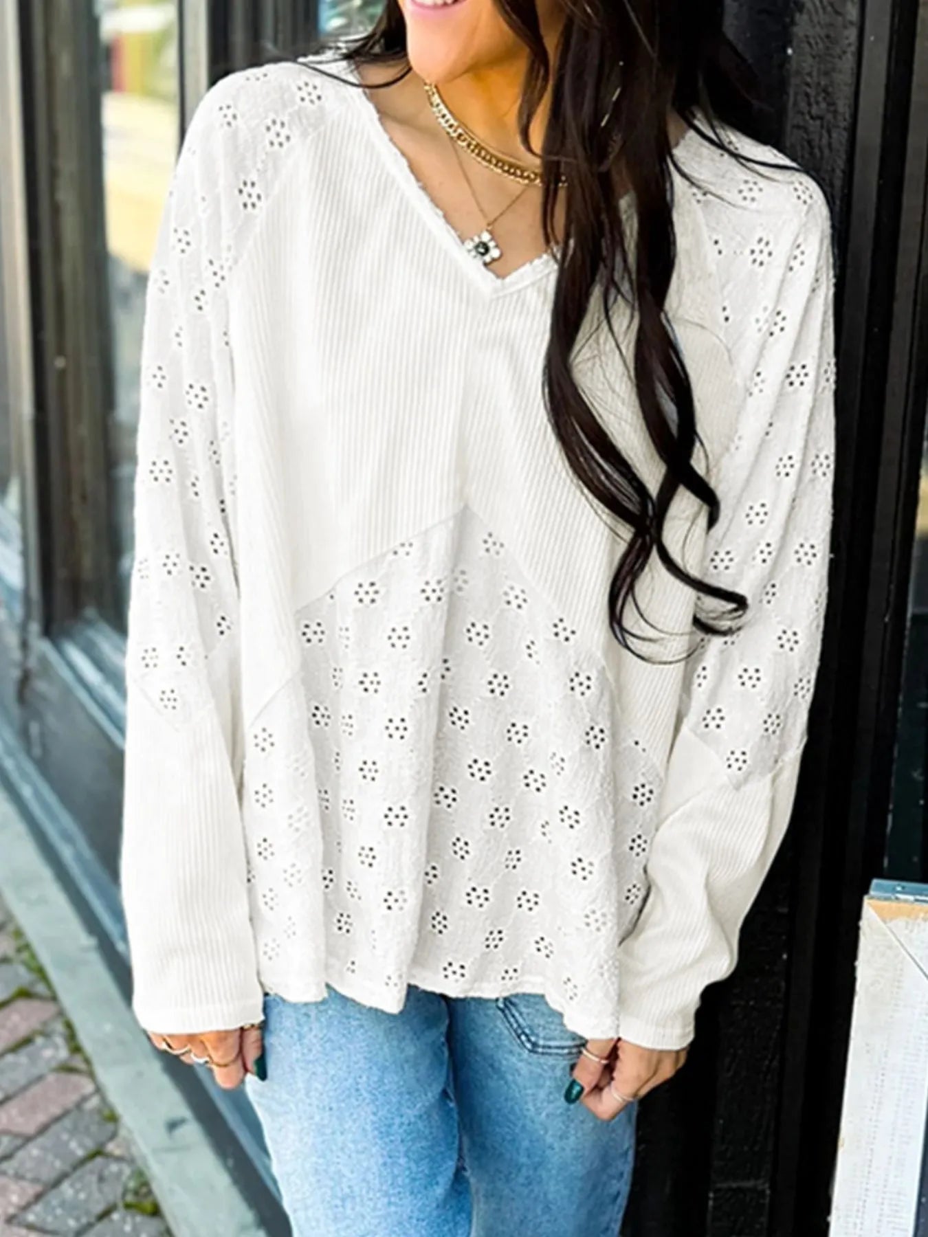 Eyelet Embroidered Loose V Neck Long Sleeve Top OutfitFlow