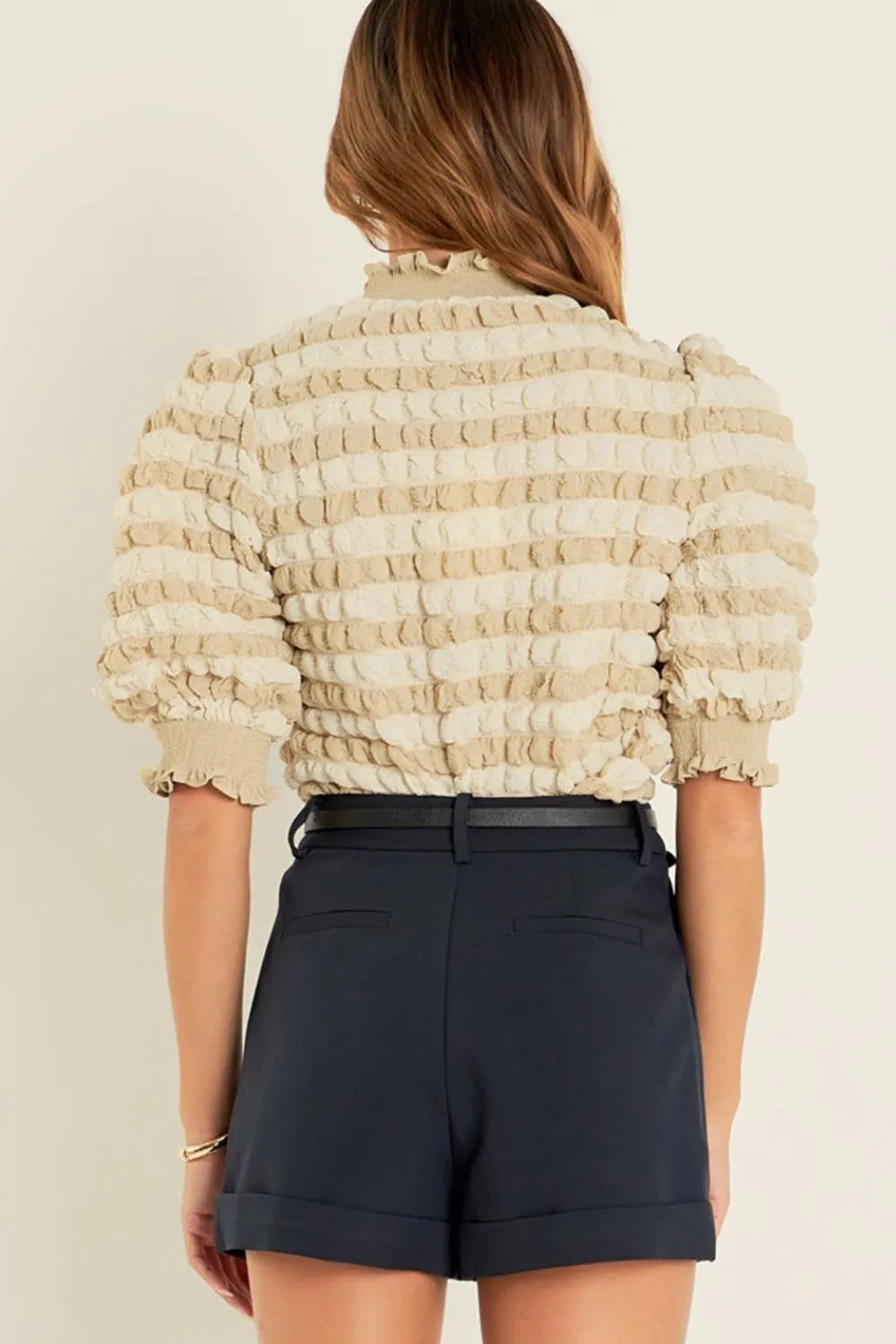 Textured Mock Neck Short Sleeve Blouse OutfitFlow