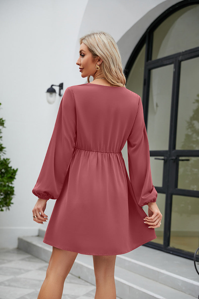 Frill Trim V-Neck Long Sleeve Dress OutfitFlow