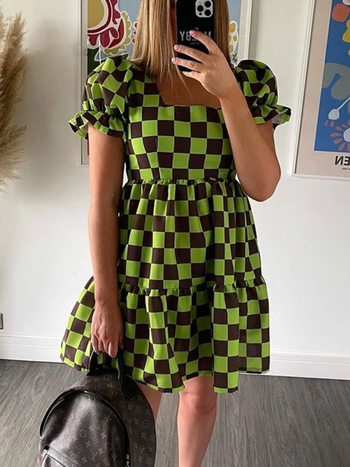 Checkered Short Sleeve Tiered Mini Dress OutfitFlow