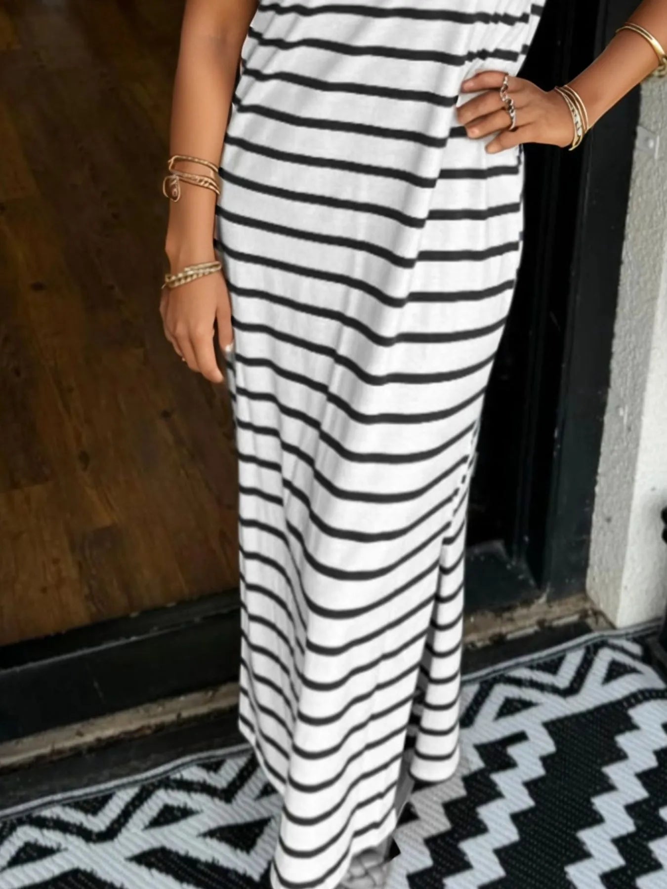 Full Size Striped T-Shirt Maxi Dress with Side Slit Plus Size OutfitFlow
