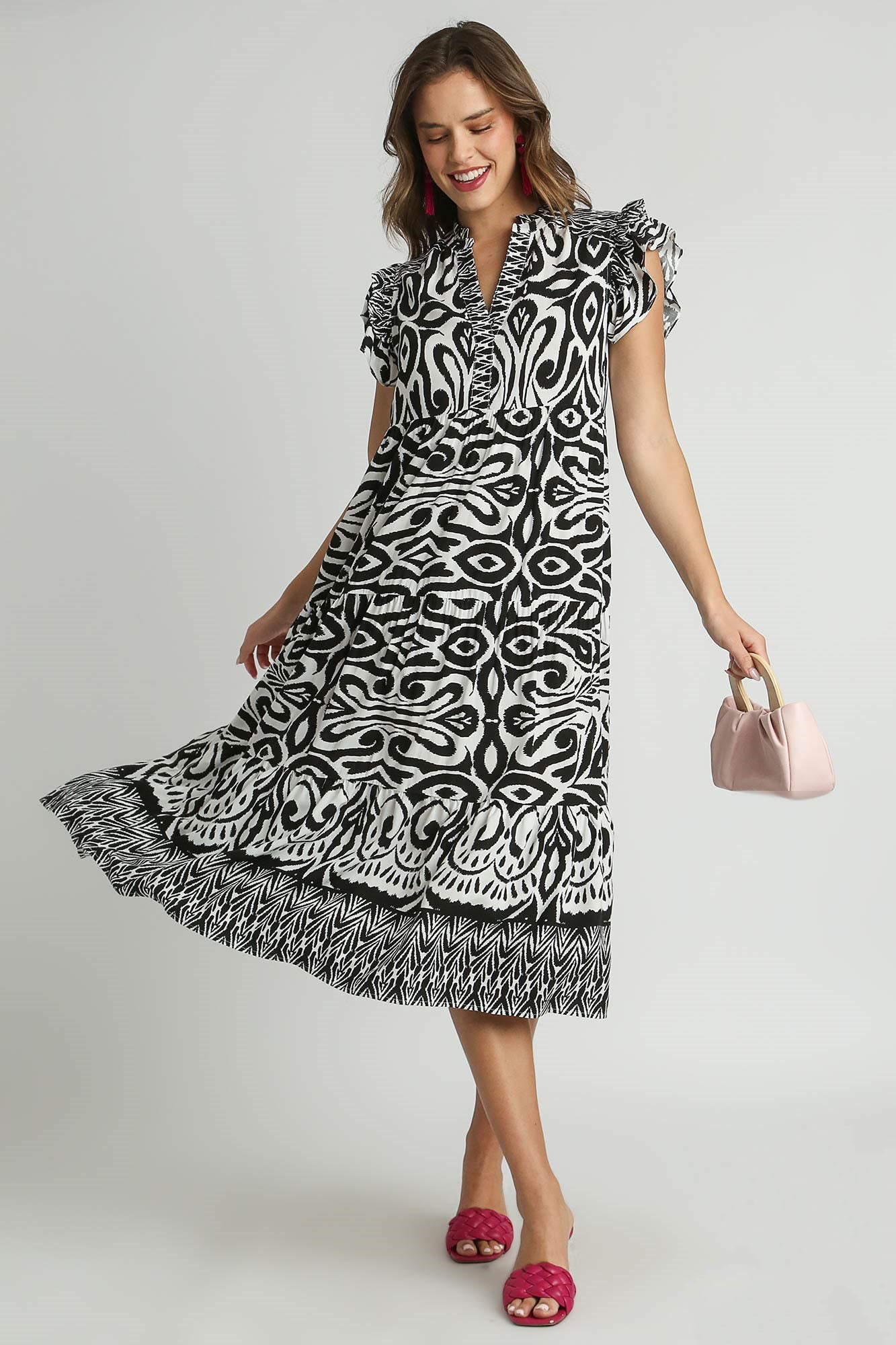 Umgee Full Size Two Tone Border Print Ruffle Cap Sleeve Midi Dress Plus Size OutfitFlow