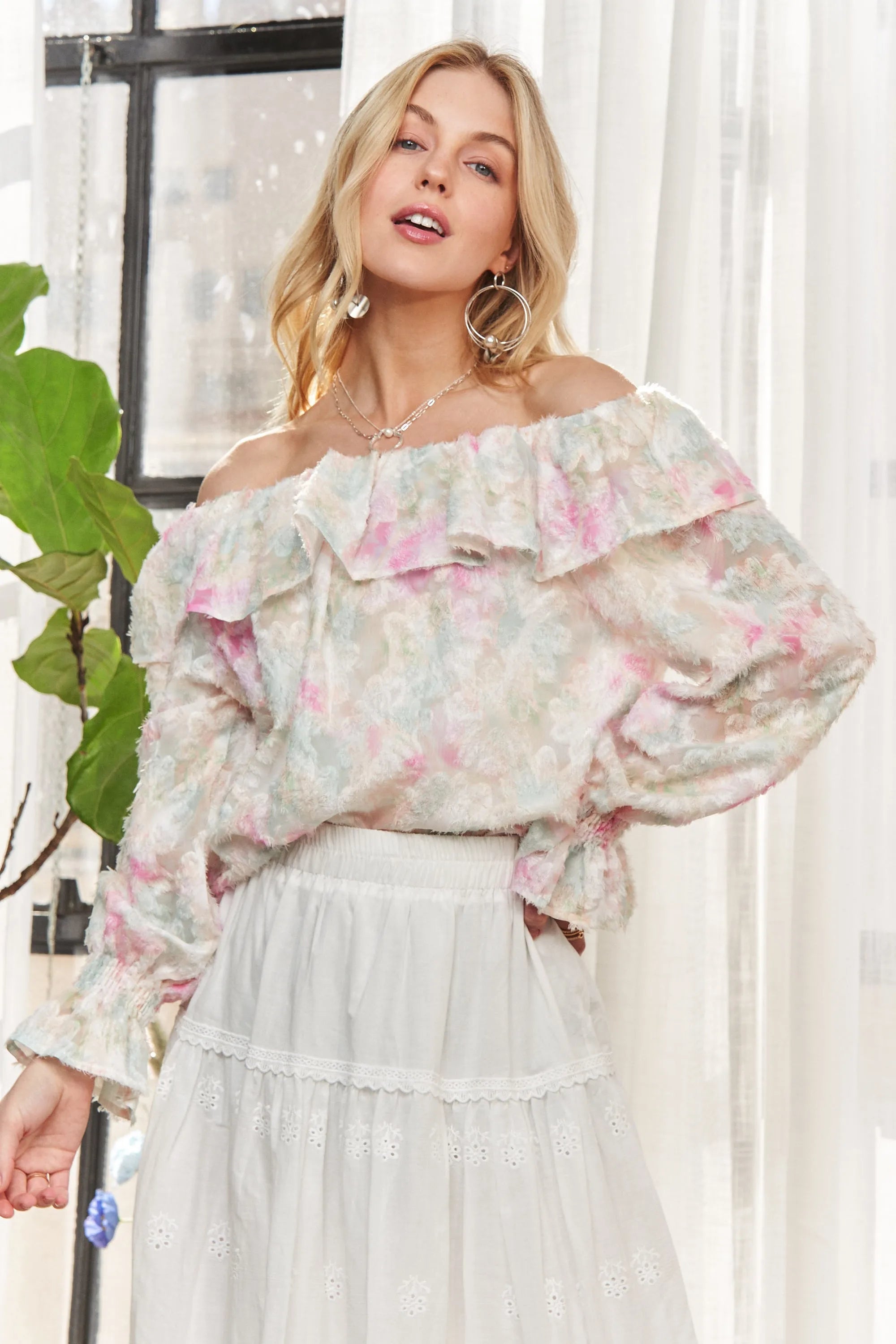 ADORA Ruffled Off Shoulder Floral Blouse OutfitFlow
