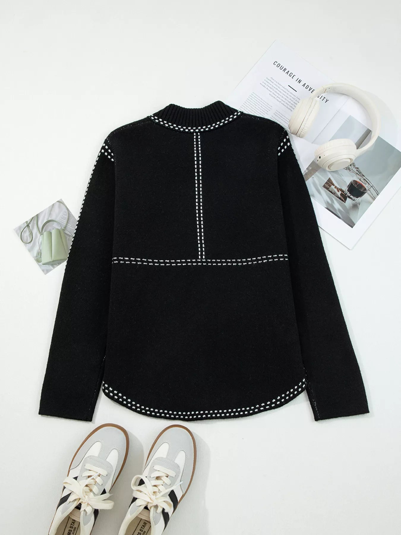 Contrast Trim Button up Sweater Cardigan OutfitFlow