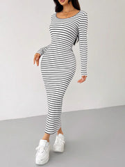 Outfit Flow - Striped Scoop Neck Long Sleeve Midi Tee Dress