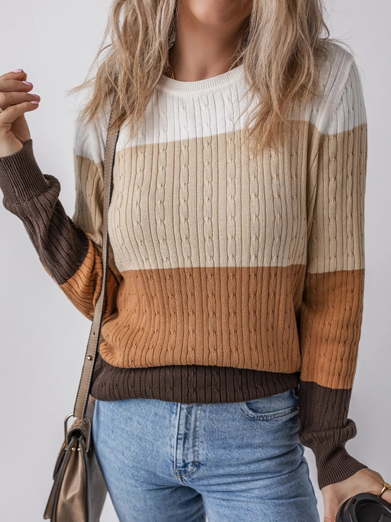 Colorblock Cable Knit Round Neck Sweater OutfitFlow