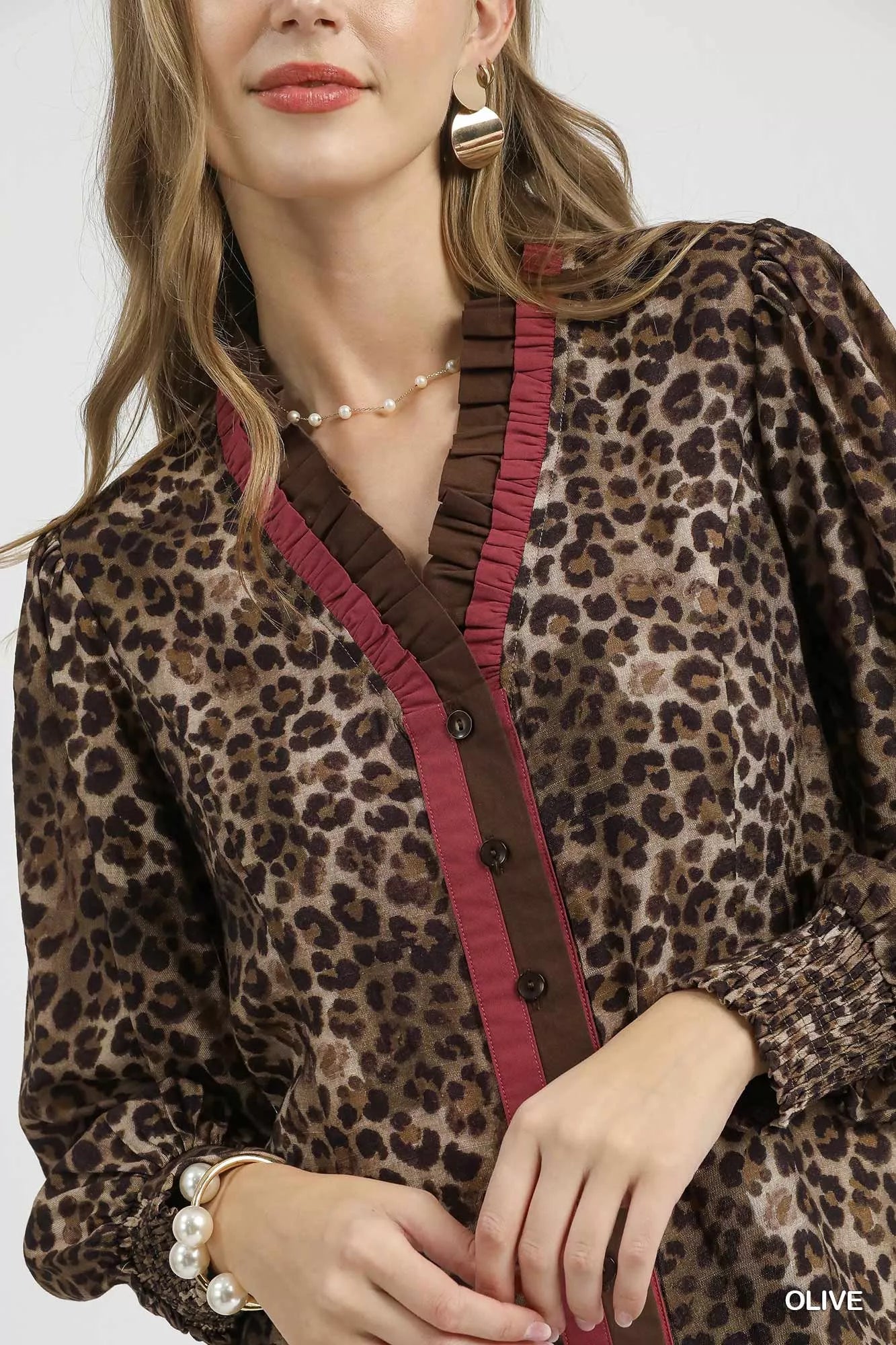 Umgee Ruffle Trim Leopard Print Shirt Trendsi