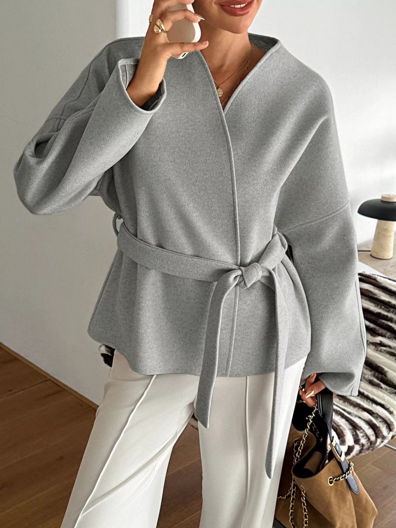 Surplice Dropped Shoulder Tie Belt Outerwear Gray Trendsi