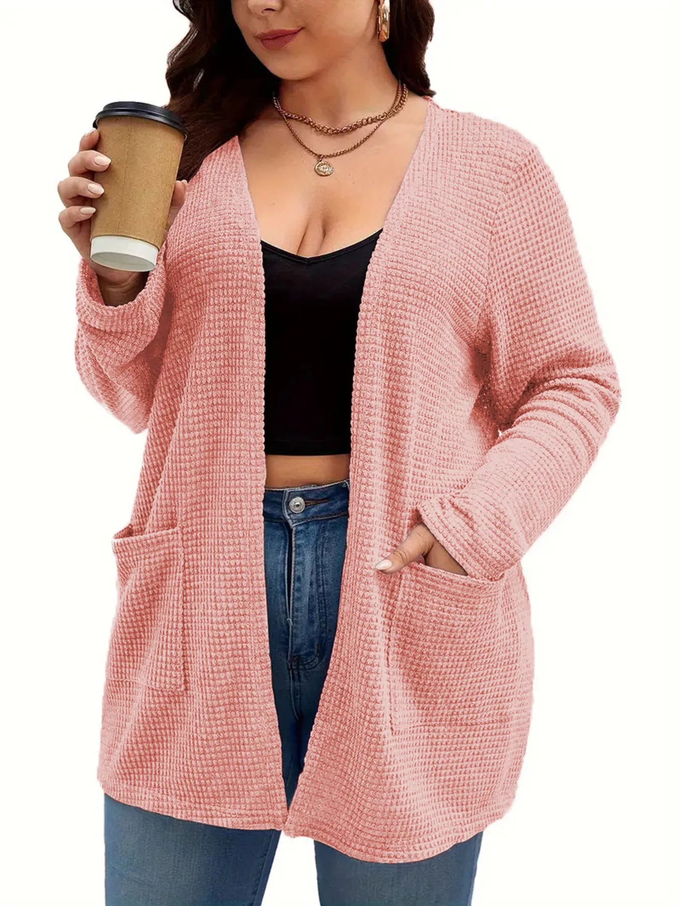 Plus Size Open Front Long Sleeve Knit Cardigan OutfitFlow