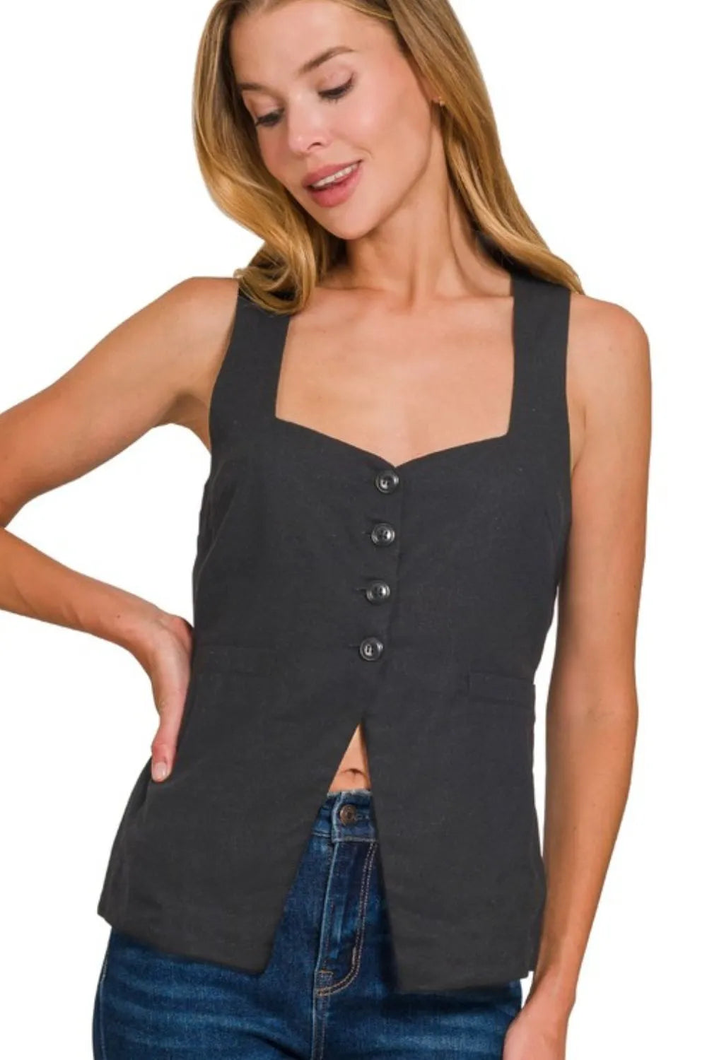 Zenana Linen Tie-back 4-button Vest with Lining BLACK OutfitFlow