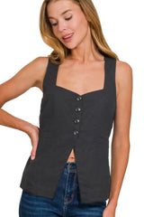 Zenana Linen Tie-back 4-button Vest with Lining BLACK OutfitFlow