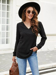 V-Neck Ribbed Long Sleeve Knit Top OutfitFlow