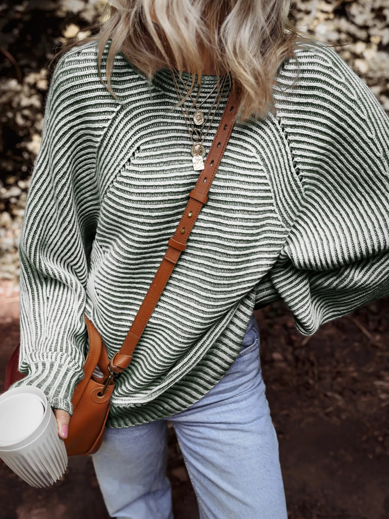Striped Ribbed Knit Boat Neck Baggy Sweater OutfitFlow