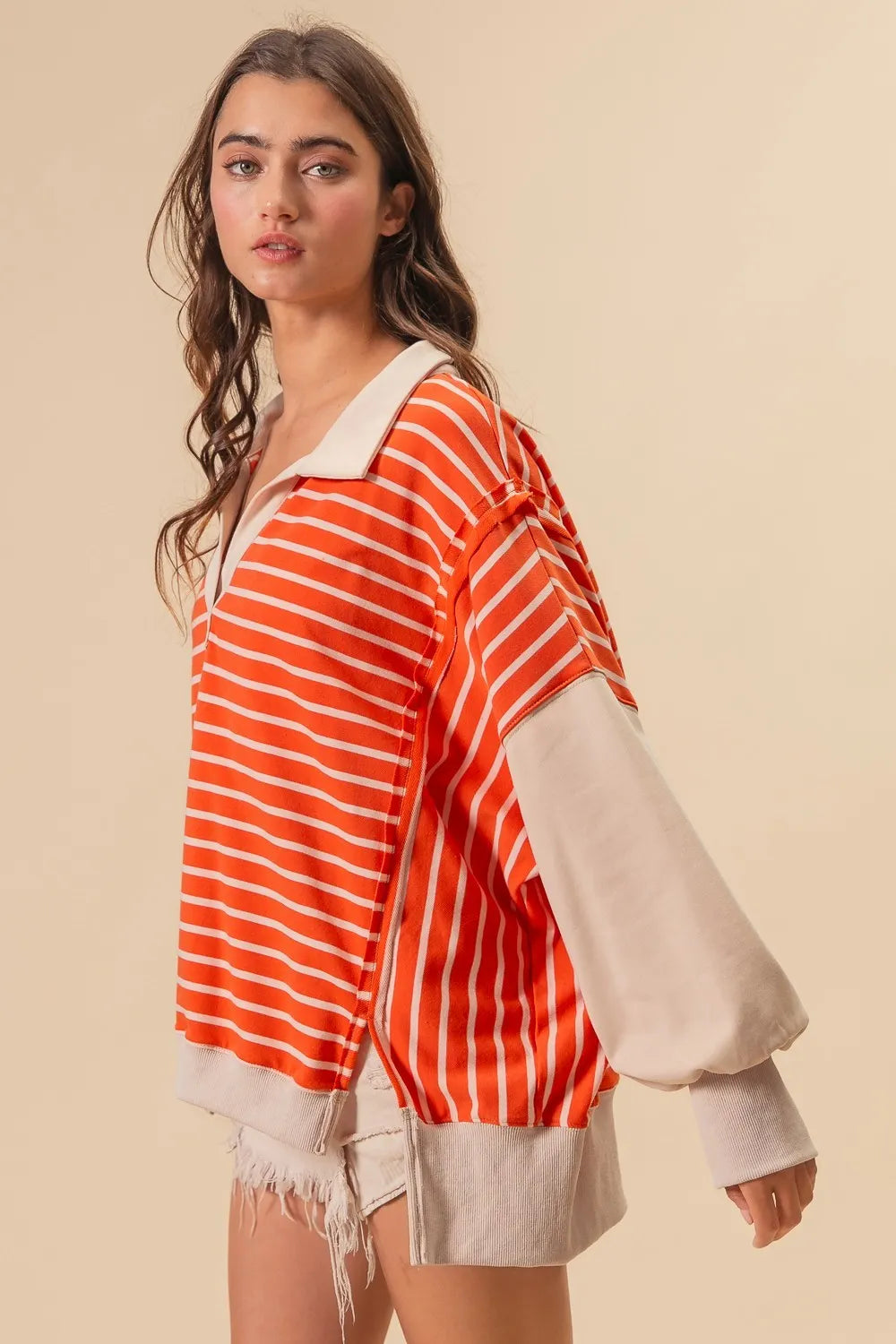 BiBi Stripe Knit Loose Fit Top With Cut Edge Detail OutfitFlow