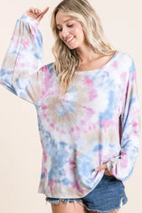 BiBi Tie Dye Print Terry Top With Puff Sleeves OutfitFlow