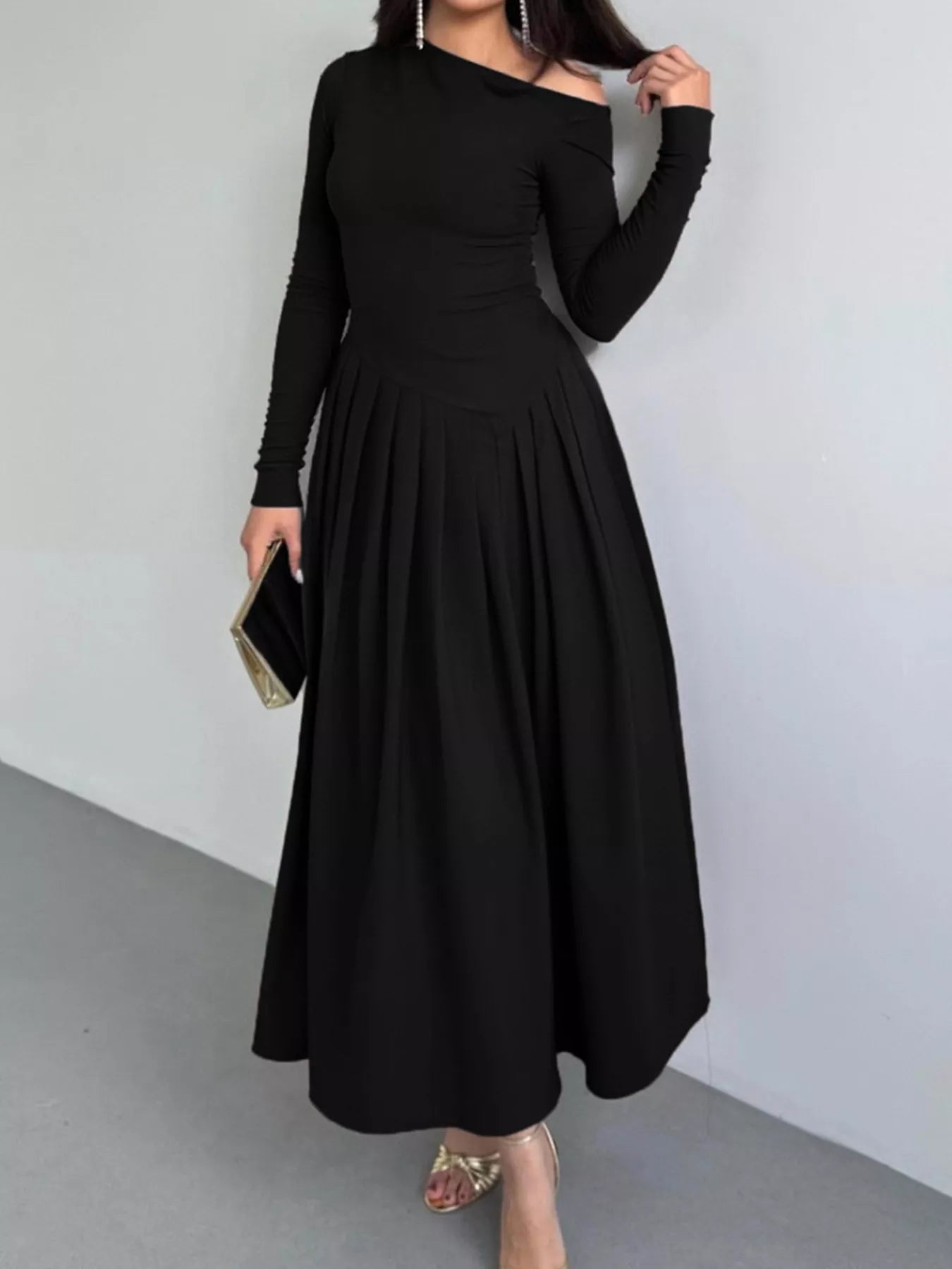 Ruched One Shoulder Long Sleeve Dress OutfitFlow