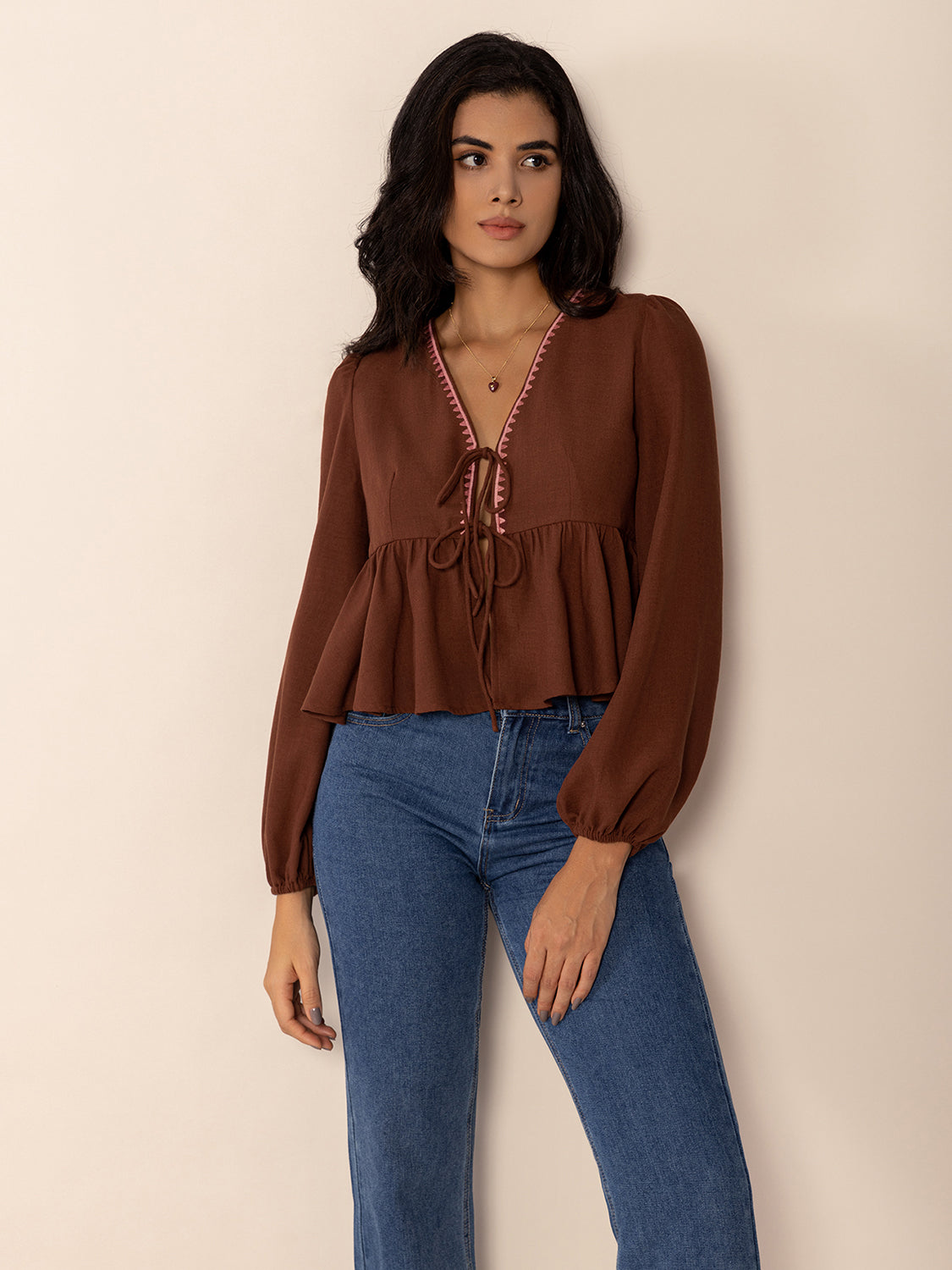 Peplum Tied V-Neck Long Sleeve Blouse OutfitFlow