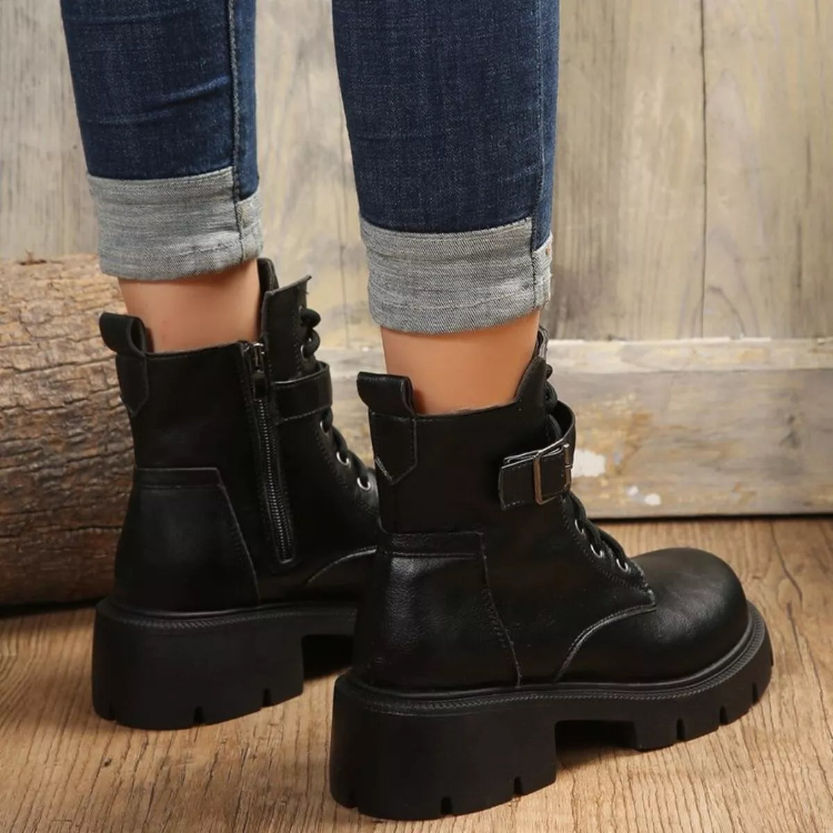 Lace-Up Buckle Accent Block Heel Boots Trendsi