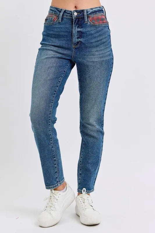 Judy Blue Full Size HW Plaid Patch Slim Fit Jeans Plus Size OutfitFlow
