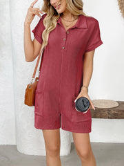 Button Detail Collared Neck Short Sleeve Romper