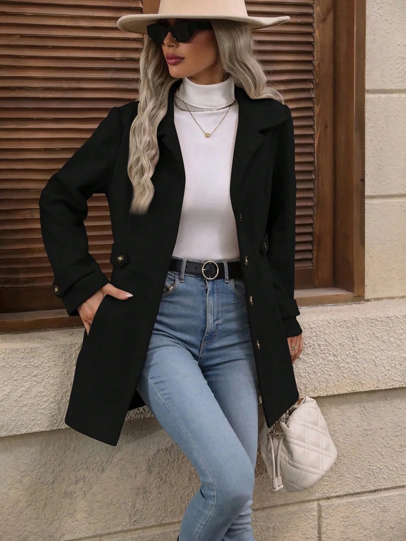 Button Up Long Sleeve Coat Trendsi