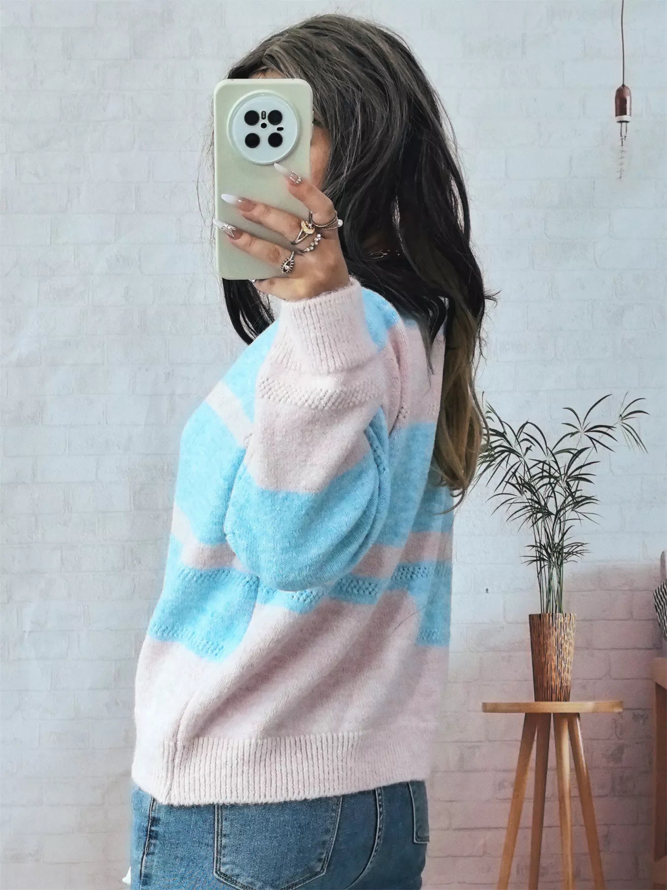Color Block Round Neck Sweater OutfitFlow