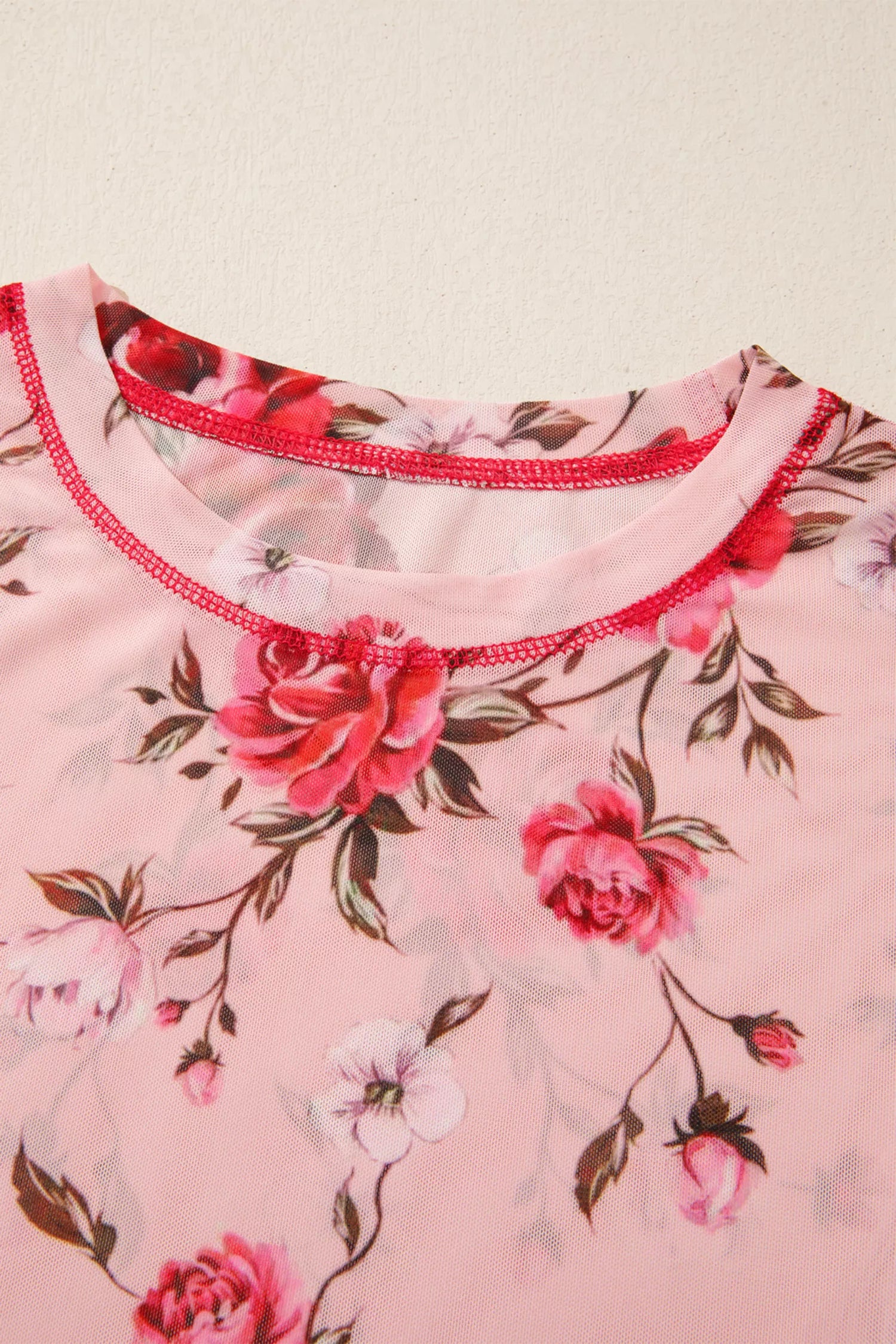 Floral Print Exposed Seam Detail Mesh Long Sleeve Top OutfitFlow